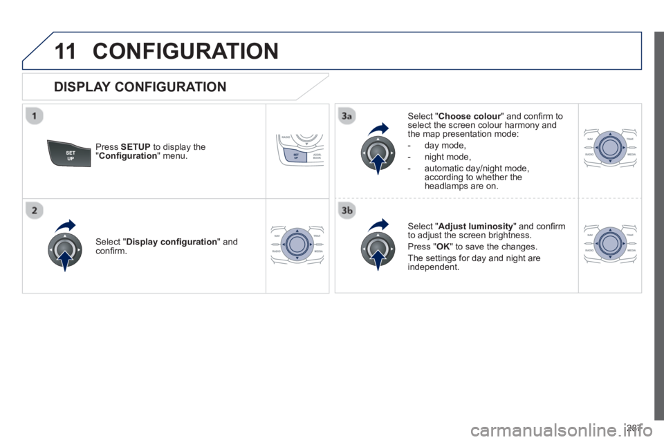 PEUGEOT 508 HYBRID DAG 2012 Owners Manual
287
11CONFIGURATION
Press SETUP to display the"Con fi guration " menu.
Select " Choose colour" and confi rm torselect the screen colour harmony and
the map presentation mode:
- da
y mo PEUGEOT 508 HYBRID DAG 2012 Owners Manual
287
11CONFIGURATION
Press SETUP to display the"Con fi guration " menu.
Select " Choose colour" and confi rm torselect the screen colour harmony and
the map presentation mode:
- da
y mo
