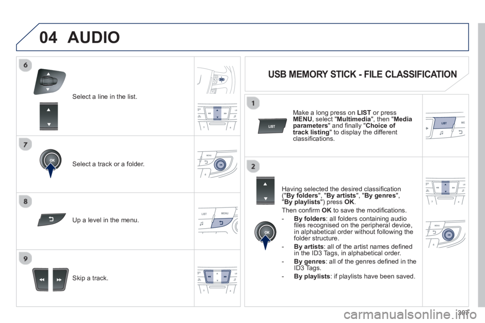 PEUGEOT 508 HYBRID DAG 2012 Owners Manual 307
04
Select a line in the list.
Select a track or a folder.
Skip a track.
Up a level in the menu.
AUDIO
USB MEMORY STICK - FILE CLASSIFICATION
Having selected the des PEUGEOT 508 HYBRID DAG 2012 Owners Manual 307
04
Select a line in the list.
Select a track or a folder.
Skip a track.
Up a level in the menu.
AUDIO
USB MEMORY STICK - FILE CLASSIFICATION
Having selected the des