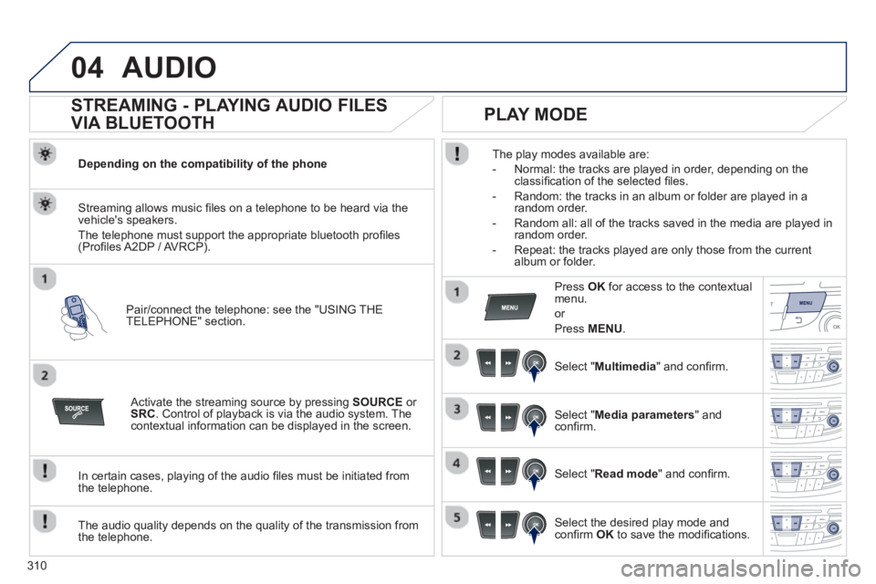 PEUGEOT 508 HYBRID DAG 2012 Owners Manual 310
04AUDIO
STREAMING - PLAYING AUDIO FILES
VIA BLUETOOTH
Depending on the compatibility of the phone
Pair
/connect the telephone: see the "USING THE
TELEPHONE" section.
Streaming PEUGEOT 508 HYBRID DAG 2012 Owners Manual 310
04AUDIO
STREAMING - PLAYING AUDIO FILES
VIA BLUETOOTH
Depending on the compatibility of the phone
Pair
/connect the telephone: see the "USING THE
TELEPHONE" section.
Streaming