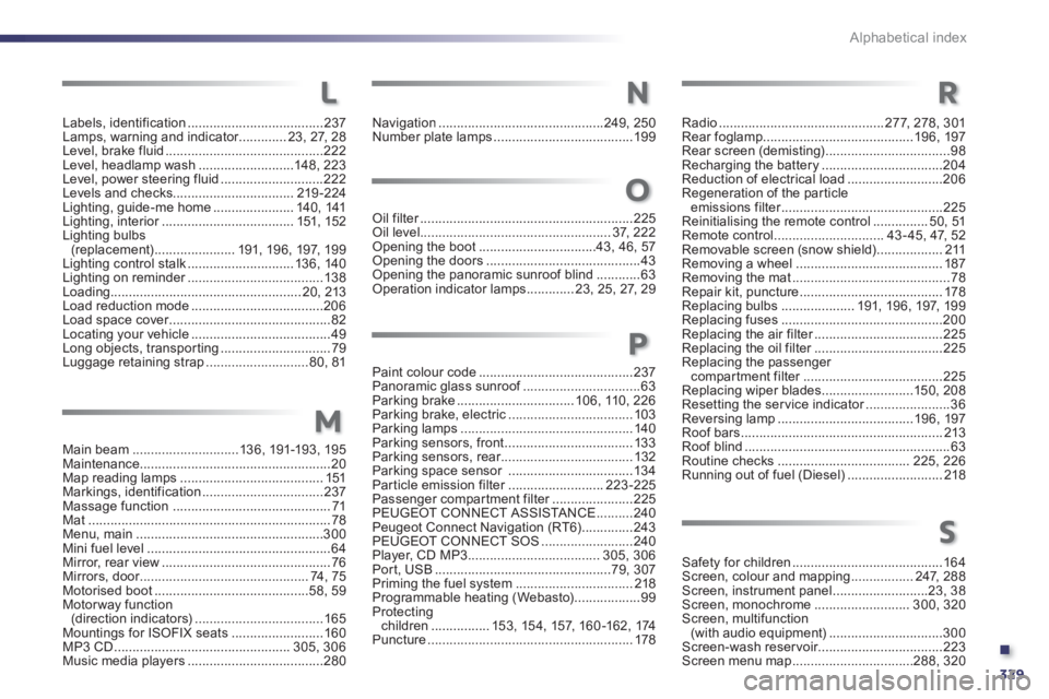 PEUGEOT 508 HYBRID DAG 2012  Owners Manual .
329
Alphabetical index
Labels, identification.....................................237Lamps, warning and indicator.............r23, 27, 28Level, brake fluid...........................................