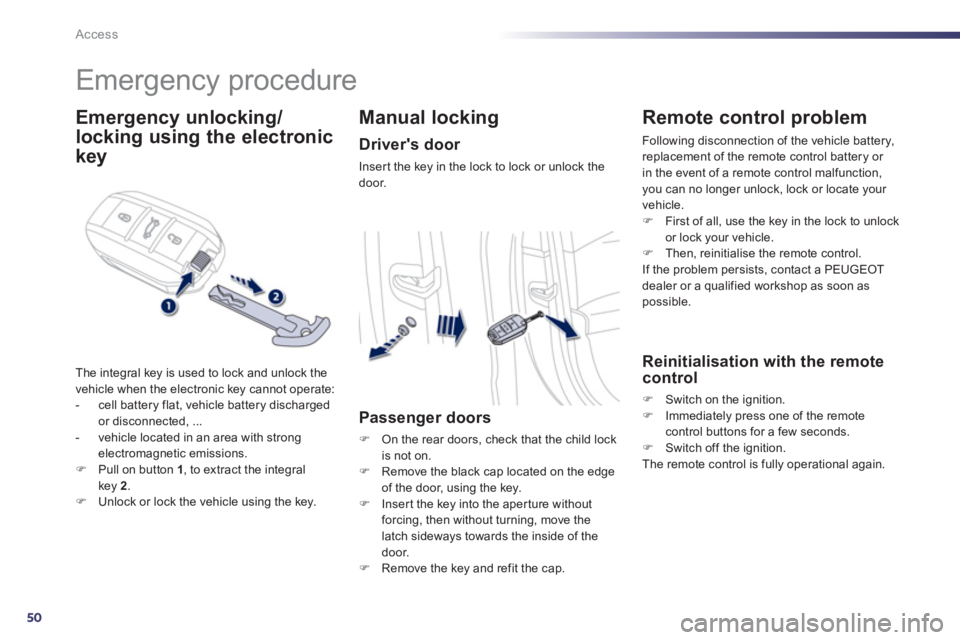 PEUGEOT 508 HYBRID DAG 2012  Owners Manual 50
Access
   
 
 
 
 
Emergency procedure 
Emergency unlocking/
locking 
 
 using the electronic 
ke
y 
The integral key is used to lock and unlock the 
vehicle when the electronic key cannot operate: