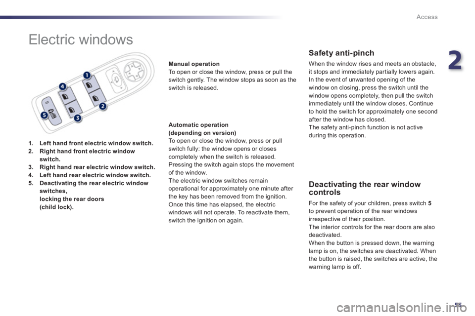 PEUGEOT 508 HYBRID DAG 2012  Owners Manual 2
55
Access
  Electric windows 
1.Left hand front electric window switch.2.Right hand front electric window 
switch.3.Right hand rear electric window switch.4.Left hand rear electric window switch.5.D