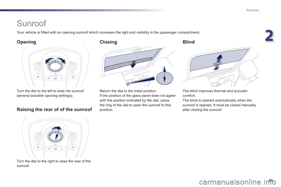 PEUGEOT 508 HYBRID DAG 2012 Repair Manual 2
61
Access
   
 
 
 
 
 
 
 
Sunroof 
 
 
Opening 
 
Turn the dial to the left to slide the sunroof (several possible opening settings).
 
 
Blind
 
The blind improves thermal and acoustic comfort.
 