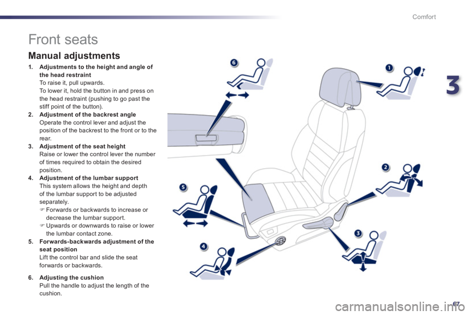PEUGEOT 508 HYBRID DAG 2012 Repair Manual 3
67
Comfort
   
 
 
 
 
 
 
 
 
 
 
 
 
 
 
 
 
Front seats 
 
 
Manual adjustments 
1.Adjustments to the height and angle of 
the head restraint
  To raise it, pull upwards.  
 To lower it, hold the