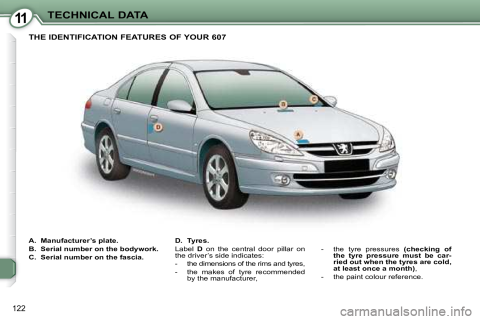 PEUGEOT 607 2007  Owners Manual 11TECHNICAL DATA
122
   A.   Manufacturer’s plate.  
  B.   Serial number on the bodywork. 
  C.   Serial number on the fascia.   D.   Tyres.  
 Label   
D� �  �o�n�  �t�h�e�  �c�e�n�t�r�a�l�  �d�o�