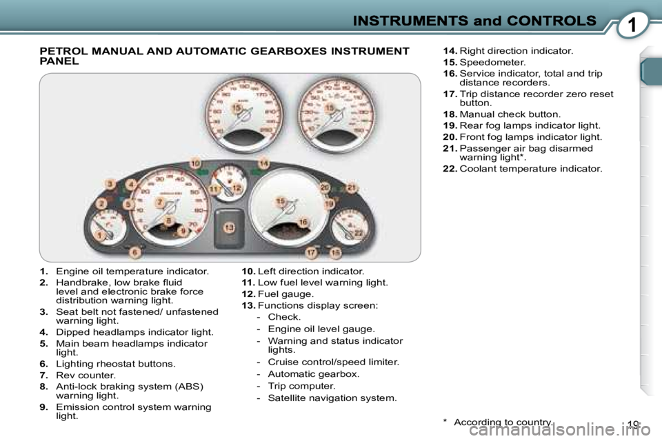 PEUGEOT 607 2007 User Guide 1
 PETROL MANUAL AND AUTOMATIC GEARBOXES INSTRUMENT  
PANEL  
   
1. � �  �E�n�g�i�n�e� �o�i�l� �t�e�m�p�e�r�a�t�u�r�e� �i�n�d�i�c�a�t�o�r�.� 
  
2. � �  �H�a�n�d�b�r�a�k�e�,� �l�o�w� �b�r�a�k�e� �l� 