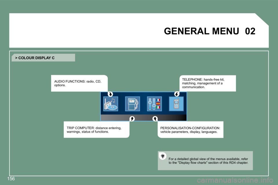 PEUGEOT 607 2007  Owners Manual �0�2
156
GENERAL MENU
AUDIO FUNCTIONS: radio, CD,  
options. TRIP COMPUTER: distance entering, 
warnings, status of functions. TELEPHONE: hands-free kit, 
matching, management of a 
communication.
PER