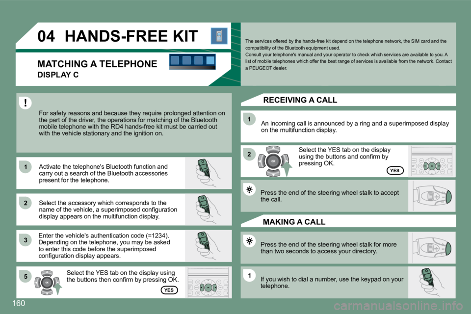 PEUGEOT 607 2007  Owners Manual 1 
�2 
�31 
�2
�5
1
04
160
�H�A�N�D�S�-�F�R�E�E�	�K�I�T
For safety reasons and because they require prolong ed attention on 
the part of the driver, the operations for matching  of the Bluetooth 
mobi