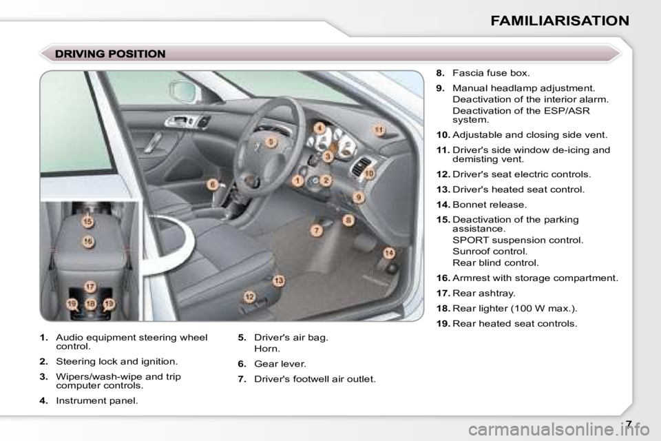 PEUGEOT 607 2007  Owners Manual FAMILIARISATION
  
8.    
�F�a�s�c�i�a� �f�u�s�e� �b�o�x�.� � 
  
9. � �  � �M�a�n�u�a�l� �h�e�a�d�l�a�m�p� �a�d�j�u�s�t�m�e�n�t�.� � � 
� �  �D�e�a�c�t�i�v�a�t�i�o�n� �o�f� �t�h�e� �i�n�t�e�r�i�o�r� 