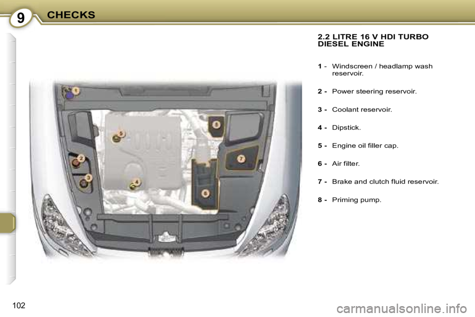 PEUGEOT 607 2006  Owners Manual �9�C�H�E�C�K�S
�1�0�2
�2�.�2� �L�I�T�R�E� �1�6� �V� �H�D�I� �T�U�R�B�O�  
�D�I�E�S�E�L� �E�N�G�I�N�E
�1� �-�  �W�i�n�d�s�c�r�e�e�n� �/� �h�e�a�d�l�a�m�p� �w�a�s�h� 
�r�e�s�e�r�v�o�i�r�.
�2� �-�  �P�o�
