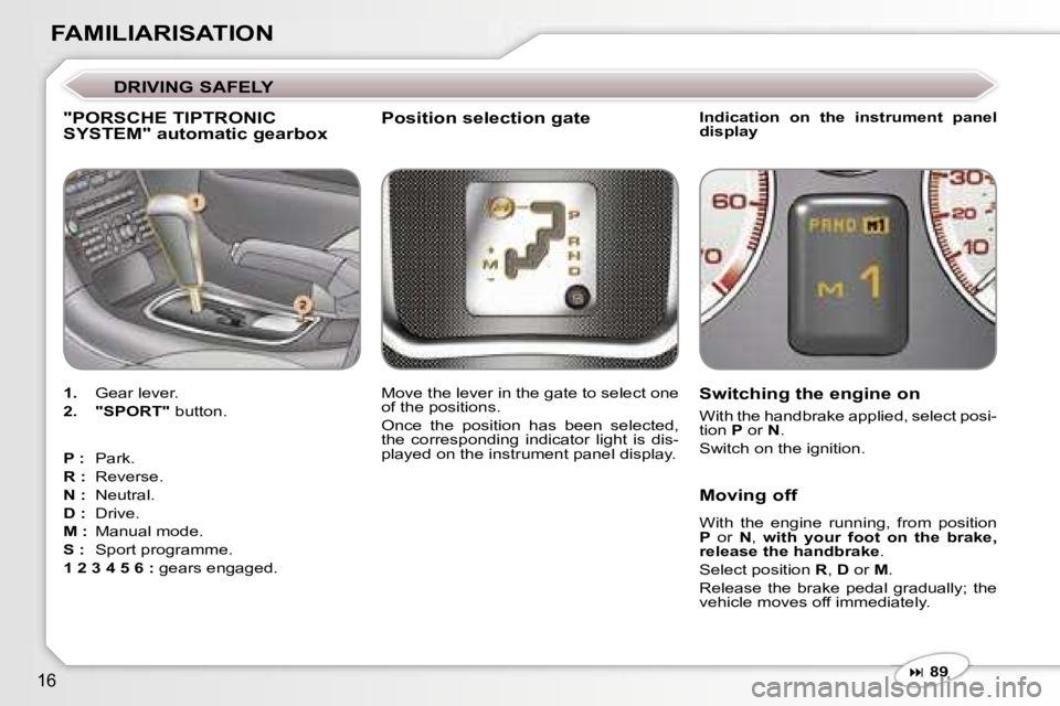 PEUGEOT 607 2006 User Guide �1�6
�F�A�M�I�L�I�A�R�I�S�A�T�I�O�N
�"�P�O�R�S�C�H�E� �T�I�P�T�R�O�N�I�C�  
�S�Y�S�T�E�M�"� �a�u�t�o�m�a�t�i�c� �g�e�a�r�b�o�x
�1�.� �G�e�a�r� �l�e�v�e�r�.
�2�.�  �"�S�P�O�R�T�" � �b�u