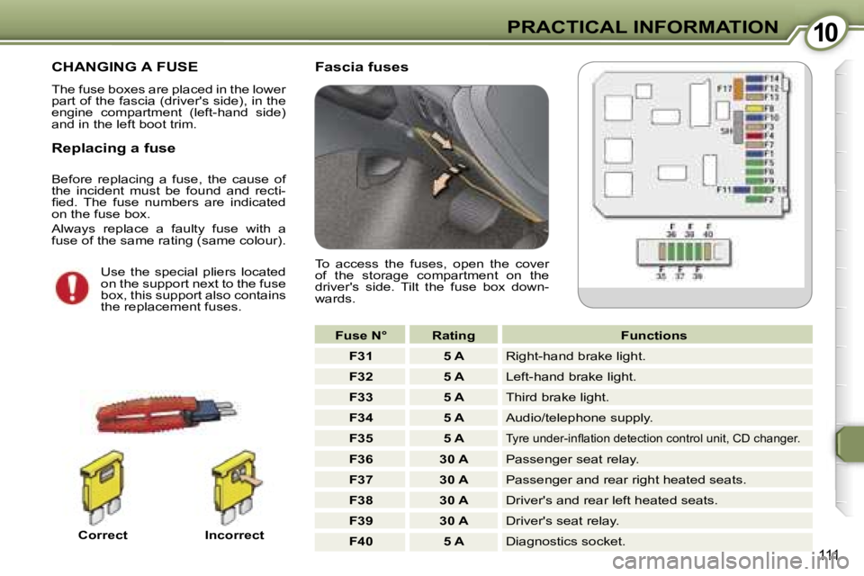 PEUGEOT 607 2006  Owners Manual �1�0�P�R�A�C�T�I�C�A�L� �I�N�F�O�R�M�A�T�I�O�N
�1�1�1
�C�H�A�N�G�I�N�G� �A� �F�U�S�E
�T�h�e� �f�u�s�e� �b�o�x�e�s� �a�r�e� �p�l�a�c�e�d� �i�n� �t�h�e� �l�o�w�e�r�  
�p�a�r�t� �o�f� �t�h�e� �f�a�s�c�i�