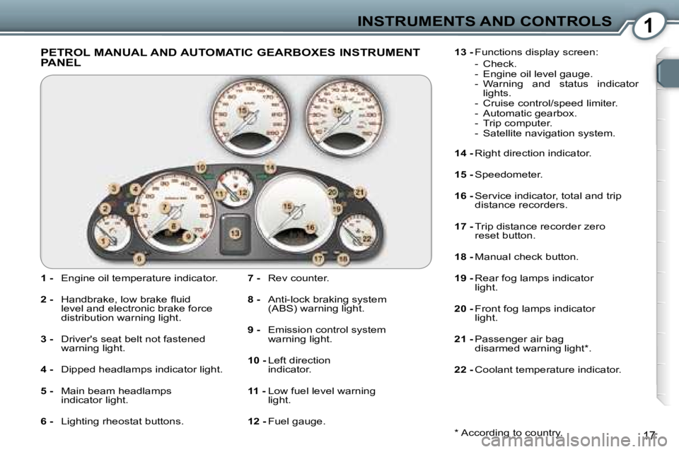 PEUGEOT 607 2006 User Guide �1
�1�7
�P�E�T�R�O�L� �M�A�N�U�A�L� �A�N�D� �A�U�T�O�M�A�T�I�C� �G�E�A�R�B�O�X�E�S� �I�N�S�T�R�U�M�E�N�T�  
�P�A�N�E�L
�1� �-�  �E�n�g�i�n�e� �o�i�l� �t�e�m�p�e�r�a�t�u�r�e� �i�n�d�i�c�a�t�o�r�.
�2� �