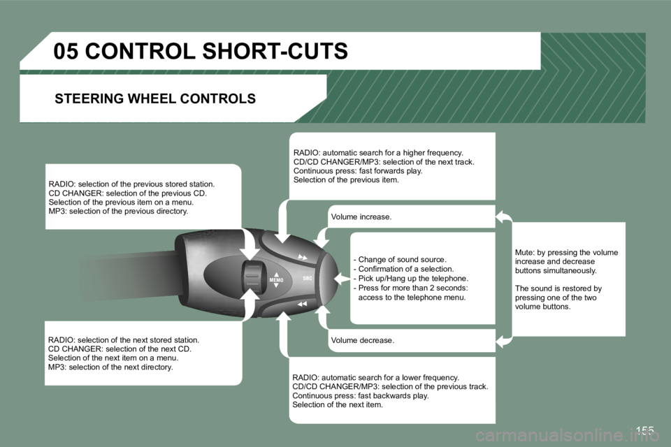 PEUGEOT 607 2006  Owners Manual �1�5�5
�R�A�D�I�O�:� �s�e�l�e�c�t�i�o�n� �o�f� �t�h�e� �n�e�x�t� �s�t�o�r�e�d� �s�t�a�t�i�o�n�. 
�C�D� �C�H�A�N�G�E�R�:� �s�e�l�e�c�t�i�o�n� �o�f� �t�h�e� �n�e�x�t� �C�D�.
�S�e�l�e�c�t�i�o�n� �o�f� �t