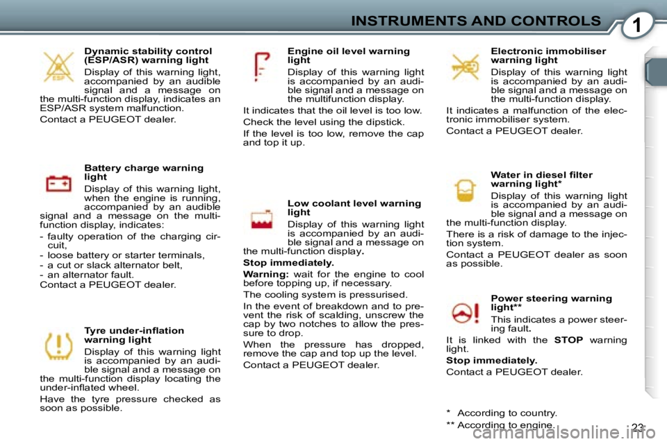 PEUGEOT 607 2006 Owners Manual �1�I�N�S�T�R�U�M�E�N�T�S� �A�N�D� �C�O�N�T�R�O�L�S
�2�3
�D�y�n�a�m�i�c� �s�t�a�b�i�l�i�t�y� �c�o�n�t�r�o�l�  
�(�E�S�P�/�A�S�R�)� �w�a�r�n�i�n�g� �l�i�g�h�t 
�D�i�s�p�l�a�y�  �o�f�  �t�h�i�s�  �w�a�r�