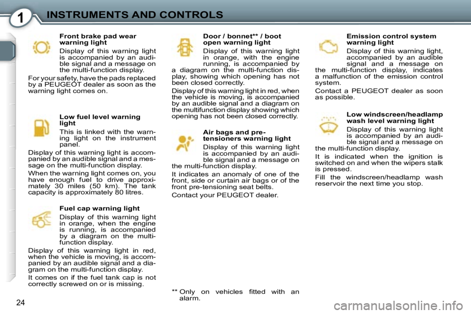 PEUGEOT 607 2006 Owners Manual �1�I�N�S�T�R�U�M�E�N�T�S� �A�N�D� �C�O�N�T�R�O�L�S
�2�4
�E�m�i�s�s�i�o�n� �c�o�n�t�r�o�l� �s�y�s�t�e�m�  
�w�a�r�n�i�n�g� �l�i�g�h�t 
�D�i�s�p�l�a�y�  �o�f�  �t�h�i�s�  �w�a�r�n�i�n�g�  �l�i�g�h�t�,� 