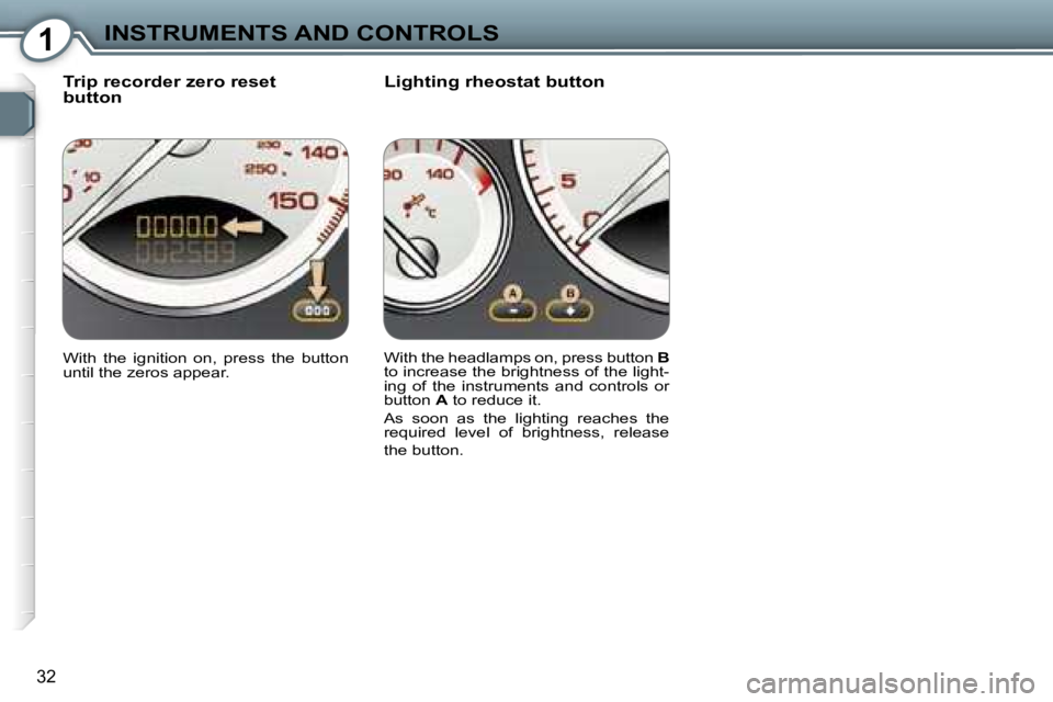 PEUGEOT 607 2006 Owners Guide �1�I�N�S�T�R�U�M�E�N�T�S� �A�N�D� �C�O�N�T�R�O�L�S
�3�2
�T�r�i�p� �r�e�c�o�r�d�e�r� �z�e�r�o� �r�e�s�e�t 
�b�u�t�t�o�n�L�i�g�h�t�i�n�g� �r�h�e�o�s�t�a�t� �b�u�t�t�o�n
�W�i�t�h�  �t�h�e�  �i�g�n�i�t�i�