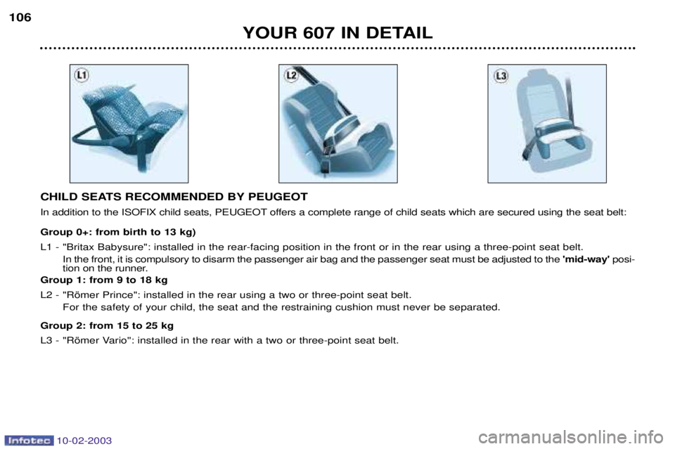 PEUGEOT 607 2003  Owners Manual 10-02-2003
YOUR 607 IN DETAIL
106
CHILD SEATS RECOMMENDED BY PEUGEOT 
In addition to the ISOFIX child seats, PEUGEOT offers a complete range of child seats which are secured using the seat belt: Group