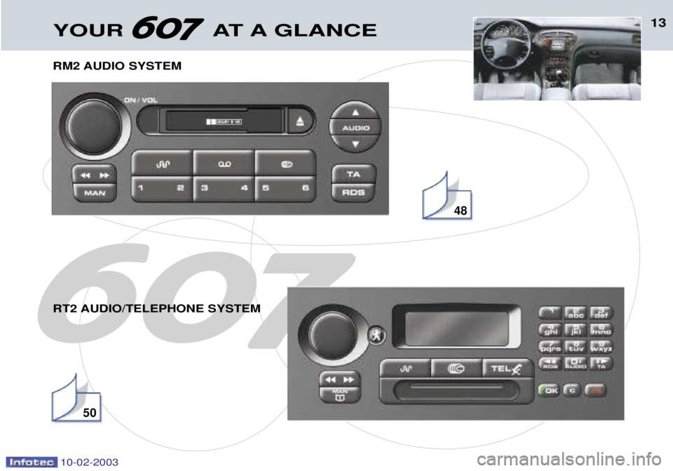 PEUGEOT 607 2003 User Guide 13YOUR AT A GLANCE
10-02-2003
RM2 AUDIO SYSTEM 
RT2 AUDIO/TELEPHONE SYSTEM 
48
50      