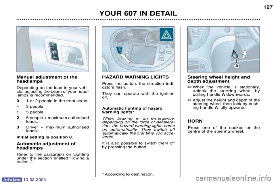 PEUGEOT 607 2003  Owners Manual 10-02-2003
YOUR 607 IN DETAIL127
HORN Press one of the spokes or the centre of the steering wheel.
Manual adjustment of the headlamps Depending on the load in your vehi- cle, adjusting the beam of you