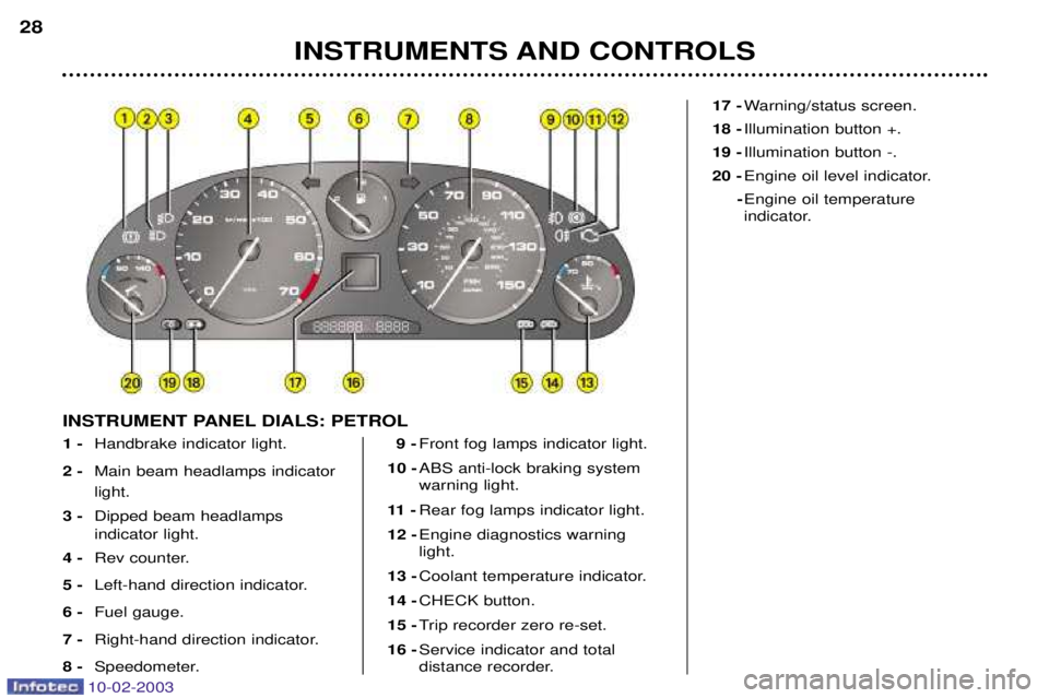 PEUGEOT 607 2003  Owners Manual 10-02-2003
INSTRUMENTS AND CONTROLS
28
1 -
Handbrake indicator light.
2 - Main beam headlamps indicator light.
3 -  Dipped beam headlamps  indicator light.
4 - Rev counter.
5 - Left-hand direction ind