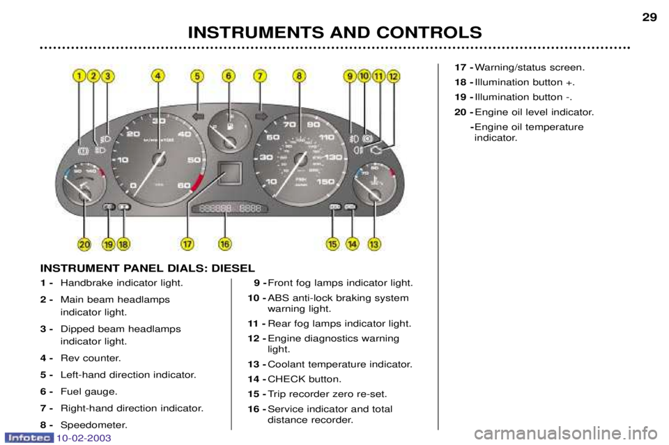 PEUGEOT 607 2003 Owners Manual 10-02-2003
INSTRUMENTS AND CONTROLS29
1 -
Handbrake indicator light.
2 - Main beam headlamps  indicator light.
3 -  Dipped beam headlamps indicator light.
4 - Rev counter.
5 - Left-hand direction indi