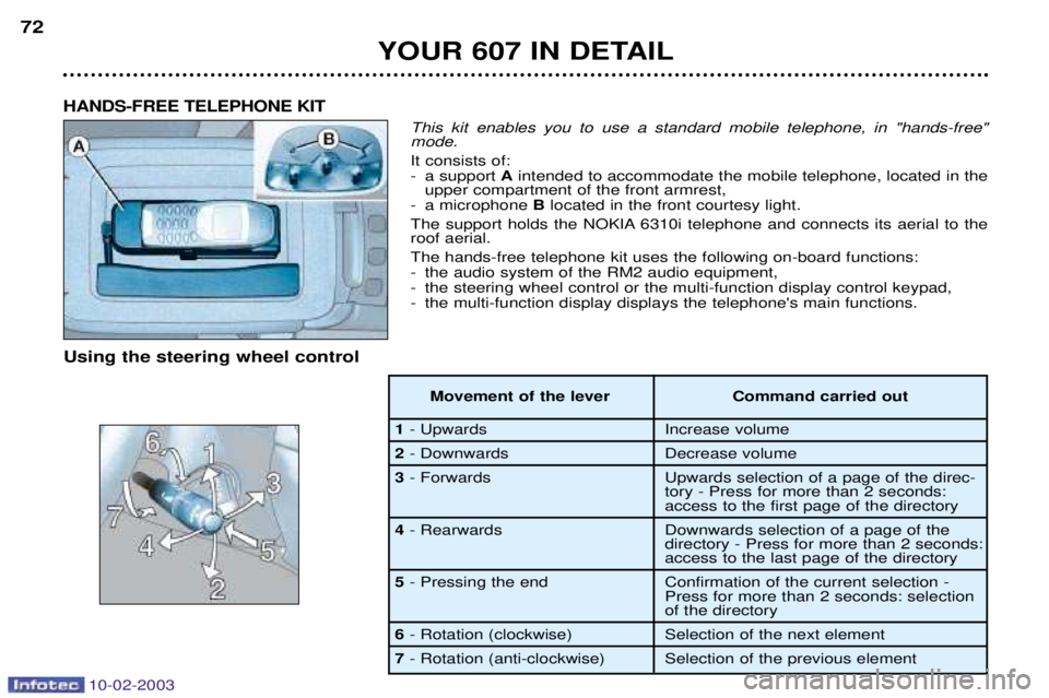 PEUGEOT 607 2003 Repair Manual 10-02-2003
This kit enables you to use a standard mobile telephone, in "hands-free" mode. It consists of:
- a support Aintended to accommodate the mobile telephone, located in the
upper compartment o PEUGEOT 607 2003 Repair Manual 10-02-2003
This kit enables you to use a standard mobile telephone, in "hands-free" mode. It consists of:
- a support Aintended to accommodate the mobile telephone, located in the
upper compartment o