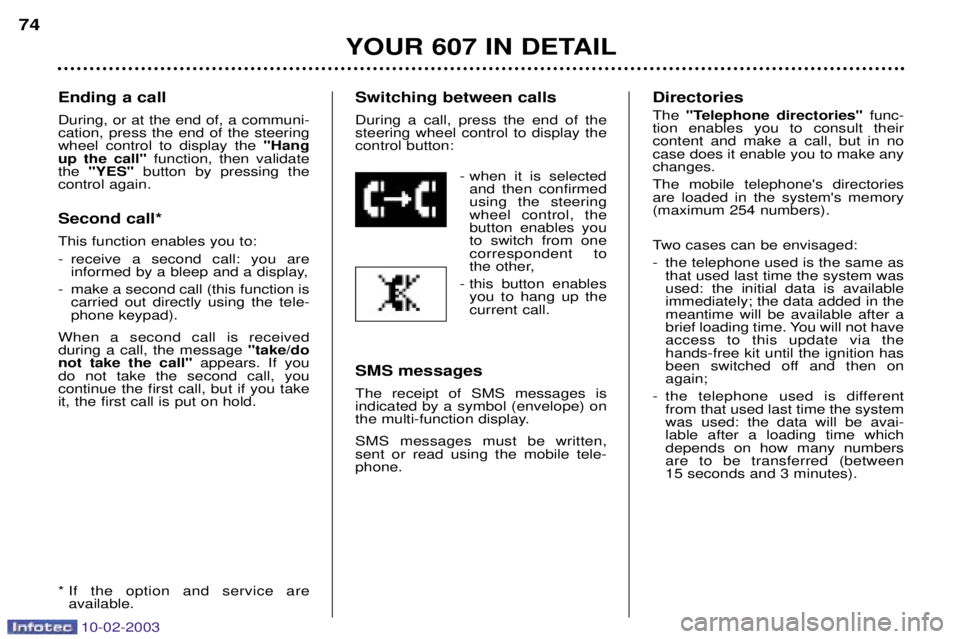 PEUGEOT 607 2003 Manual PDF 10-02-2003
Ending a call During, or at the end of, a communi- cation, press the end of the steeringwheel control to display the "Hang
up the call" function, then validate
the  "YES" button by pressing