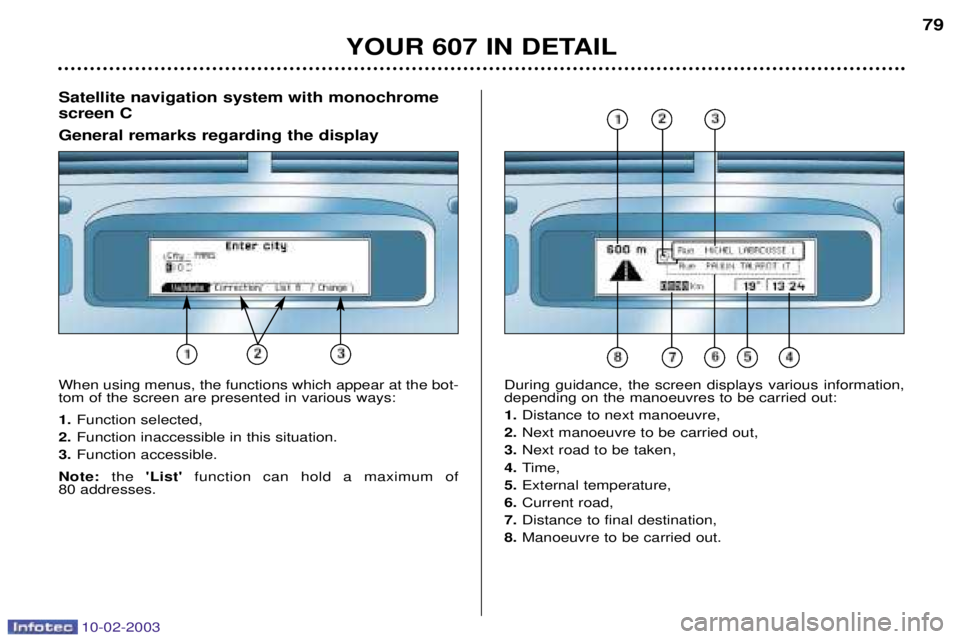 PEUGEOT 607 2003 Manual PDF 10-02-2003
YOUR 607 IN DETAIL79
Satellite navigation system with monochrome screen C General remarks regarding the display
When using menus, the functions which appear at the bot- tom of the screen ar
