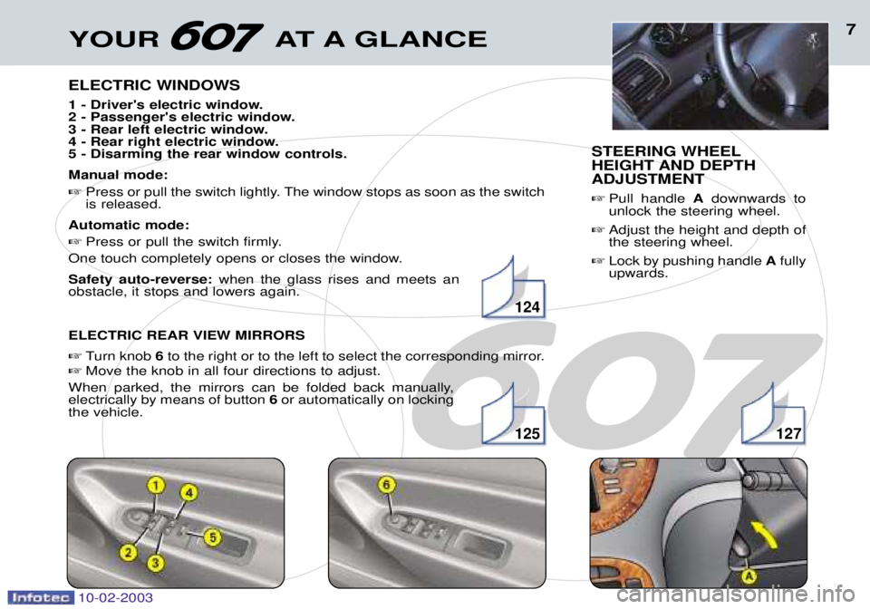 PEUGEOT 607 2003 Owners Manual 10-02-2003
YOUR AT A GLANCE7
ELECTRIC WINDOWS
1 - Drivers electric window.
2 - Passengers electric window.
3 - Rear left electric window.
4 - Rear right electric window.5 - Disarming the rear wind PEUGEOT 607 2003 Owners Manual 10-02-2003
YOUR AT A GLANCE7
ELECTRIC WINDOWS
1 - Drivers electric window.
2 - Passengers electric window.
3 - Rear left electric window.
4 - Rear right electric window.5 - Disarming the rear wind