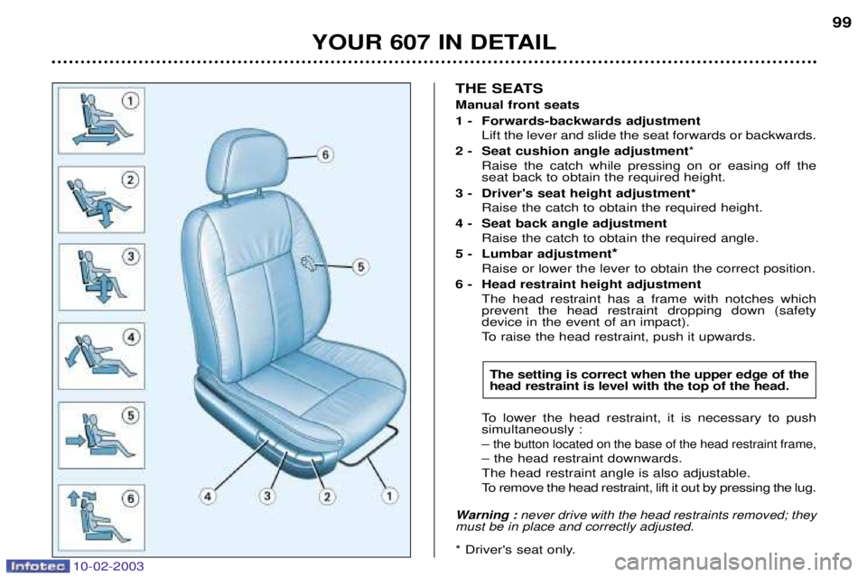PEUGEOT 607 2003  Owners Manual 10-02-2003
YOUR 607 IN DETAIL99
THE SEATS Manual front seats
1 -  Forwards-backwards adjustment
Lift the lever and slide the seat forwards or backwards.
2 -  Seat cushion angle adjustment *
Raise the 