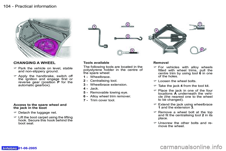 PEUGEOT 607 2005  Owners Manual �1�0�4 �-�P�r�a�c�t�i�c�a�l� �i�n�f�o�r�m�a�t�i�o�n
�0�1�-�0�6�-�2�0�0�5
�1�0�5
�-�P�r�a�c�t�i�c�a�l� �i�n�f�o�r�m�a�t�i�o�n
�0�1�-�0�6�-�2�0�0�5
�A�c�c�e�s�s� �t�o� �t�h�e� �s�p�a�r�e� �w�h�e�e�l� �a