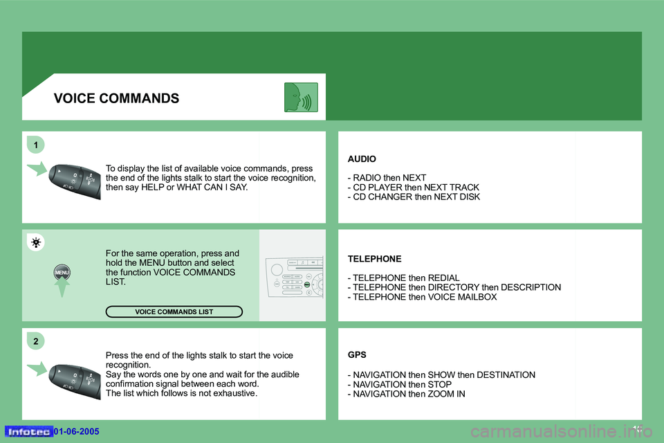 PEUGEOT 607 2005  Owners Manual �1�6
�2
�1
�0�1�-�0�6�-�2�0�0�5�0�1�-�0�6�-�2�0�0�5
�P�r�e�s�s� �t�h�e� �e�n�d� �o�f� �t�h�e� �l�i�g�h�t�s� �s�t�a�l�k� �t�o� �s�t�a�r�t� �t�h�e� �v�o�i�c
�e� 
�r�e�c�o�g�n�i�t�i�o�n�. 
�S�a�y� �t�h�e