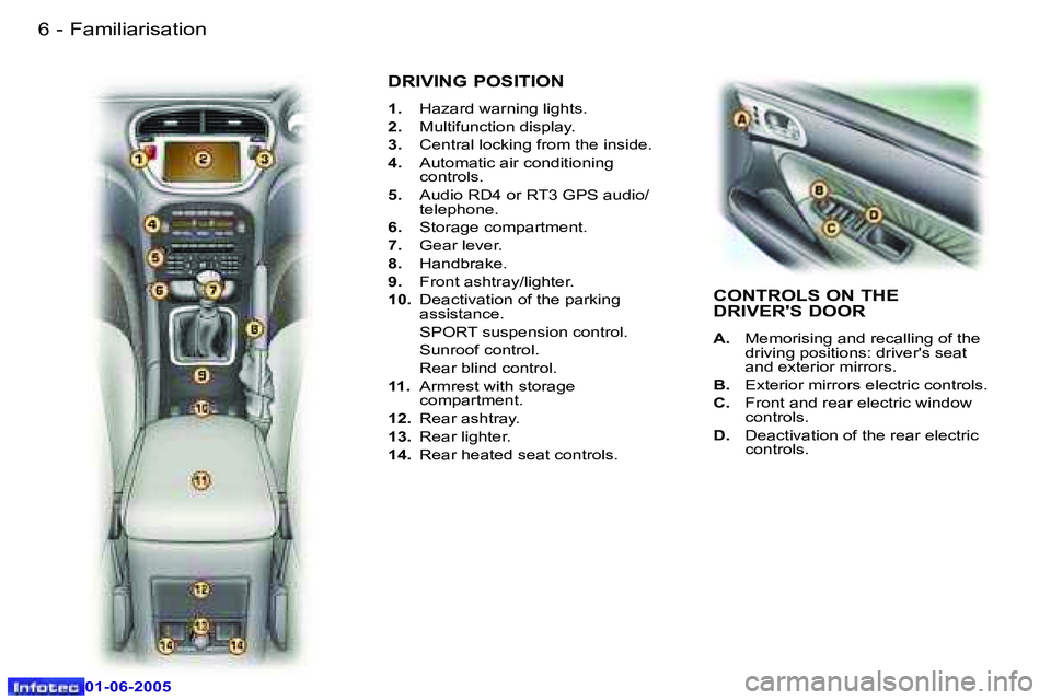 PEUGEOT 607 2005  Owners Manual �6 �-�F�a�m�i�l�i�a�r�i�s�a�t�i�o�n
�0�1�-�0�6�-�2�0�0�5
�7
�-�F�a�m�i�l�i�a�r�i�s�a�t�i�o�n
�0�1�-�0�6�-�2�0�0�5
�D�R�I�V�I�N�G� �P�O�S�I�T�I�O�N
�1�. �  �H�a�z�a�r�d� �w�a�r�n�i�n�g� �l�i�g�h�t�s�.
