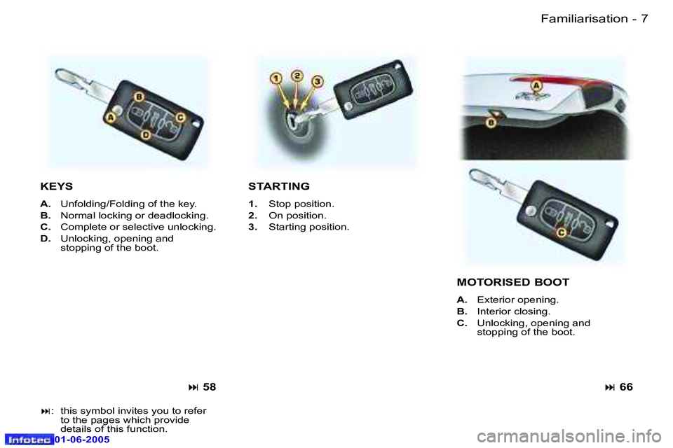 PEUGEOT 607 2005  Owners Manual �6 �-�F�a�m�i�l�i�a�r�i�s�a�t�i�o�n
�0�1�-�0�6�-�2�0�0�5
�7
�-�F�a�m�i�l�i�a�r�i�s�a�t�i�o�n
�0�1�-�0�6�-�2�0�0�5
�K�E�Y�S� 
�A�. �  �U�n�f�o�l�d�i�n�g�/�F�o�l�d�i�n�g� �o�f� �t�h�e� �k�e�y�.
�B�. �  