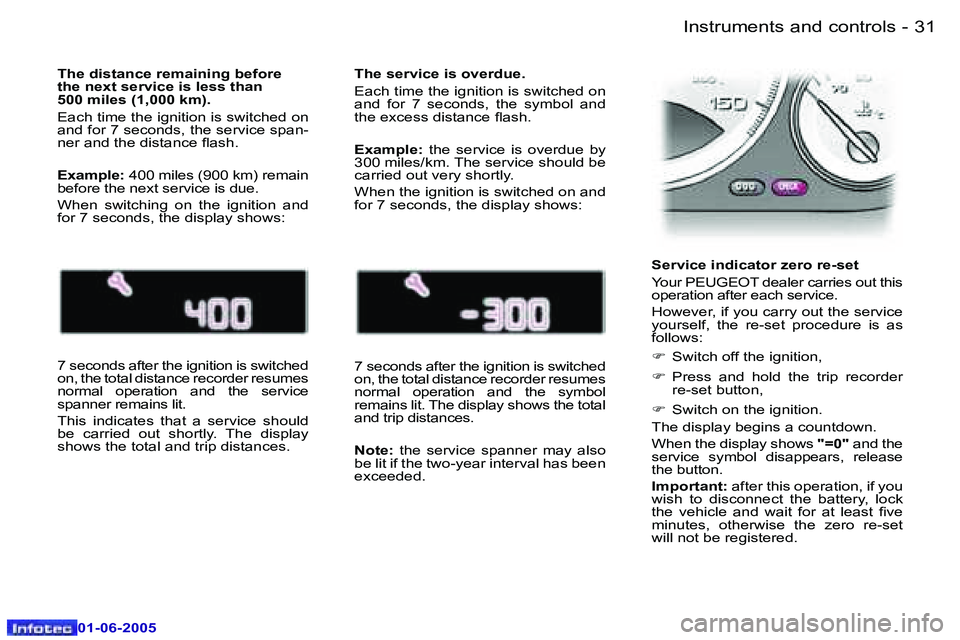 PEUGEOT 607 2005 Owners Guide �3�0 �-�I�n�s�t�r�u�m�e�n�t�s� �a�n�d� �c�o�n�t�r�o�l�s
�0�1�-�0�6�-�2�0�0�5
�3�1
�-�I�n�s�t�r�u�m�e�n�t�s� �a�n�d� �c�o�n�t�r�o�l�s
�0�1�-�0�6�-�2�0�0�5
�T�h�e� �d�i�s�t�a�n�c�e� �r�e�m�a�i�n�i�n�g� 
