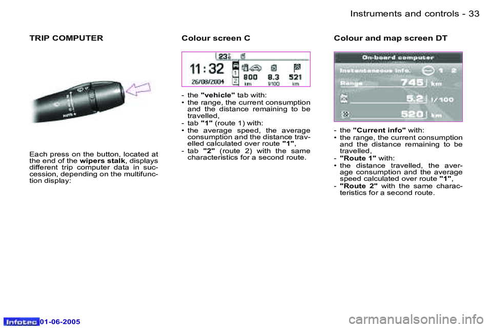 PEUGEOT 607 2005 Owners Guide �3�2 �-�I�n�s�t�r�u�m�e�n�t�s� �a�n�d� �c�o�n�t�r�o�l�s
�0�1�-�0�6�-�2�0�0�5
�3�3
�-�I�n�s�t�r�u�m�e�n�t�s� �a�n�d� �c�o�n�t�r�o�l�s
�0�1�-�0�6�-�2�0�0�5
�T�R�I�P� �C�O�M�P�U�T�E�R
�E�a�c�h� �p�r�e�s�