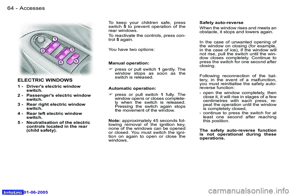 PEUGEOT 607 2005 Repair Manual �6�4 �-�A�c�c�e�s�s�e�s
�0�1�-�0�6�-�2�0�0�5
�6�5
�-�A�c�c�e�s�s�e�s
�0�1�-�0�6�-�2�0�0�5
�E�L�E�C�T�R�I�C� �W�I�N�D�O�W�S
�1� �-�  �D�r�i�v�e�r�'�s� �e�l�e�c�t�r�i�c� �w�i�n�d�o�w� 
�s�w�i�t�c�h�