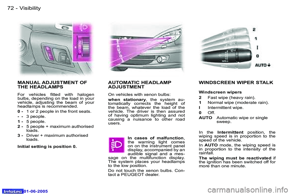 PEUGEOT 607 2005 Manual Online �7�2 �-�V�i�s�i�b�i�l�i�t�y
�0�1�-�0�6�-�2�0�0�5
�7�3
�-�V�i�s�i�b�i�l�i�t�y
�0�1�-�0�6�-�2�0�0�5
�M�A�N�U�A�L� �A�D�J�U�S�T�M�E�N�T� �O�F�  
�T�H�E� �H�E�A�D�L�A�M�P�S
�F�o�r�  �v�e�h�i�c�l�e�s�  �i�