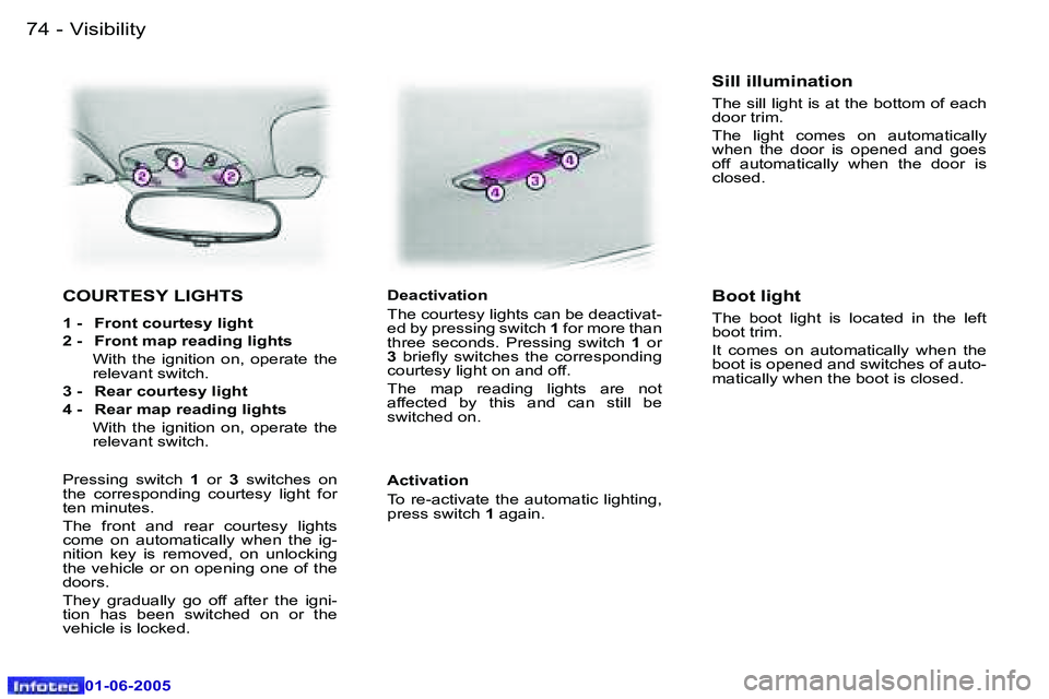 PEUGEOT 607 2005 Manual Online �7�4 �-�V�i�s�i�b�i�l�i�t�y
�0�1�-�0�6�-�2�0�0�5
�C�O�U�R�T�E�S�Y� �L�I�G�H�T�S
�1� �-�  �F�r�o�n�t� �c�o�u�r�t�e�s�y� �l�i�g�h�t 
�2� �-�  �F�r�o�n�t� �m�a�p� �r�e�a�d�i�n�g� �l�i�g�h�t�s�W�i�t�h�  �