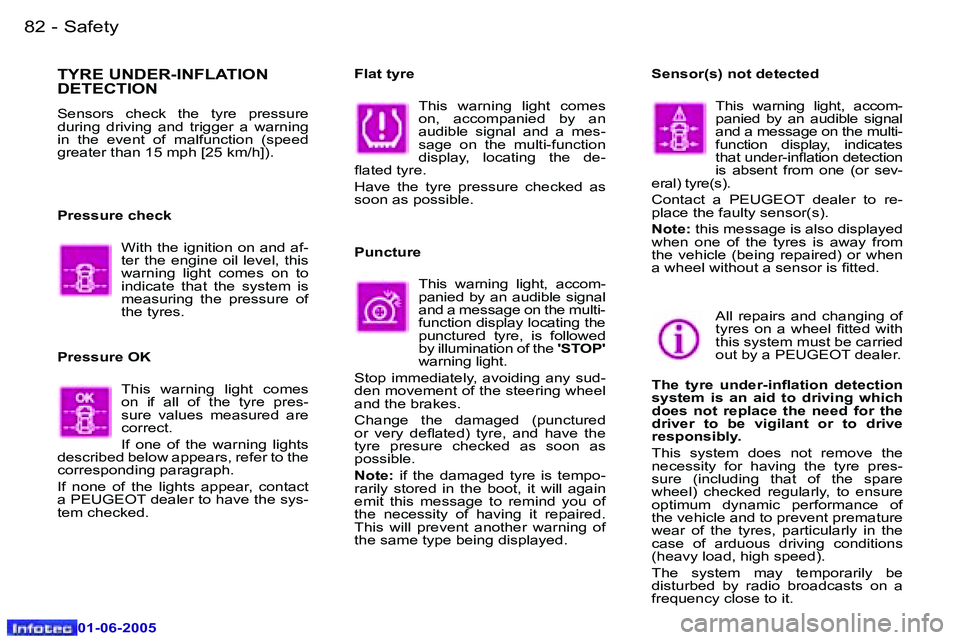 PEUGEOT 607 2005  Owners Manual �8�2 �-�S�a�f�e�t�y
�0�1�-�0�6�-�2�0�0�5
�8�3
�-�S�a�f�e�t�y
�0�1�-�0�6�-�2�0�0�5
�T�Y�R�E� �U�N�D�E�R�-�I�N�F�L�A�T�I�O�N�  
�D�E�T�E�C�T�I�O�N
�S�e�n�s�o�r�s�  �c�h�e�c�k�  �t�h�e�  �t�y�r�e�  �p�r�
