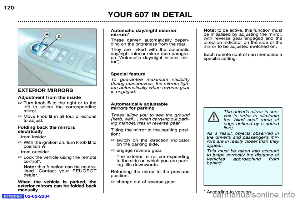 PEUGEOT 607 2004 Owners Manual YOUR 607 IN DETAIL
120
Note:
to be active, this function must
be initialised by adjusting the mirror, with reverse gear engaged and thedirection indicator on the side of themirror to be adjusted swit PEUGEOT 607 2004 Owners Manual YOUR 607 IN DETAIL
120
Note:
to be active, this function must
be initialised by adjusting the mirror, with reverse gear engaged and thedirection indicator on the side of themirror to be adjusted swit