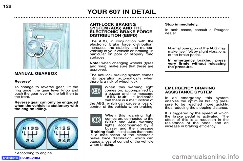 PEUGEOT 607 2004 Owners Manual ANTI-LOCK BRAKING
SYSTEM (ABS) AND THEELECTRONIC BRAKE FORCEDISTRIBUTION (EBFD)
The ABS, in conjunction with the electronic brake force distribution,increases the stability and manoe-vrability of y PEUGEOT 607 2004 Owners Manual ANTI-LOCK BRAKING
SYSTEM (ABS) AND THEELECTRONIC BRAKE FORCEDISTRIBUTION (EBFD)
The ABS, in conjunction with the electronic brake force distribution,increases the stability and manoe-vrability of y