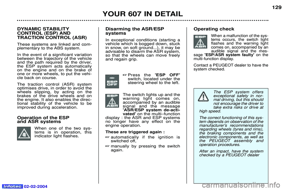 PEUGEOT 607 2004 Owners Manual 02-02-2004
YOUR 607 IN DETAIL129
Operating check
When a malfunction of the sys- tems occurs, the switch lightflashes and the warning lightcomes on, accompanied by anaudible signal and the mes-
sage PEUGEOT 607 2004 Owners Manual 02-02-2004
YOUR 607 IN DETAIL129
Operating check
When a malfunction of the sys- tems occurs, the switch lightflashes and the warning lightcomes on, accompanied by anaudible signal and the mes-
sage