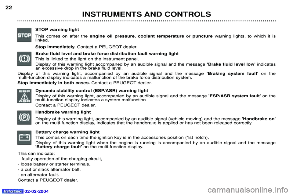 PEUGEOT 607 2004 User Guide 02-02-2004
INSTRUMENTS AND CONTROLS
22
STOP warning light This comes on after the  engine oil pressure, coolant temperature  orpuncture warning lights, to which it is 
linked.
Stop immediately. Contac