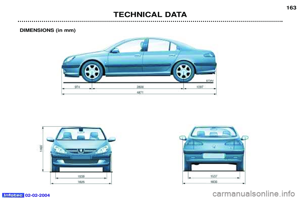 PEUGEOT 607 2004  Owners Manual 02-02-2004
TECHNICAL DATA163
DIMENSIONS (in mm)  