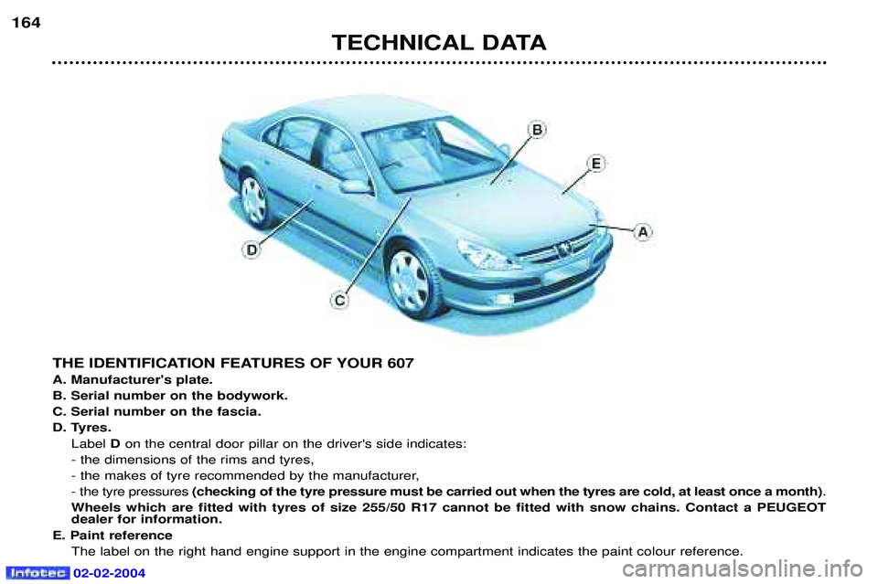 PEUGEOT 607 2004  Owners Manual TECHNICAL DATA
164
THE IDENTIFICATION FEATURES OF YOUR 607 A. Manufacturers plate.B. Serial number on the bodywork.C. Serial number on the fascia.
D. Tyres.
Label  Don the central door pillar on the 