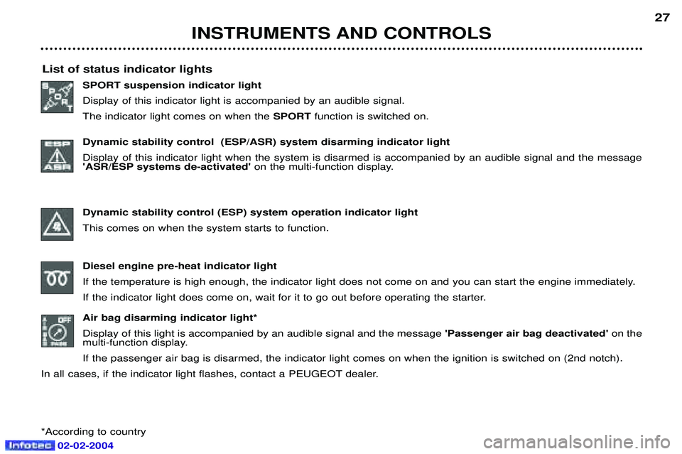 PEUGEOT 607 2004 Owners Manual INSTRUMENTS AND CONTROLS27
List of status indicator lights SPORT suspension indicator light Display of this indicator light is accompanied by an audible signal. The indicator light comes on when the S PEUGEOT 607 2004 Owners Manual INSTRUMENTS AND CONTROLS27
List of status indicator lights SPORT suspension indicator light Display of this indicator light is accompanied by an audible signal. The indicator light comes on when the S