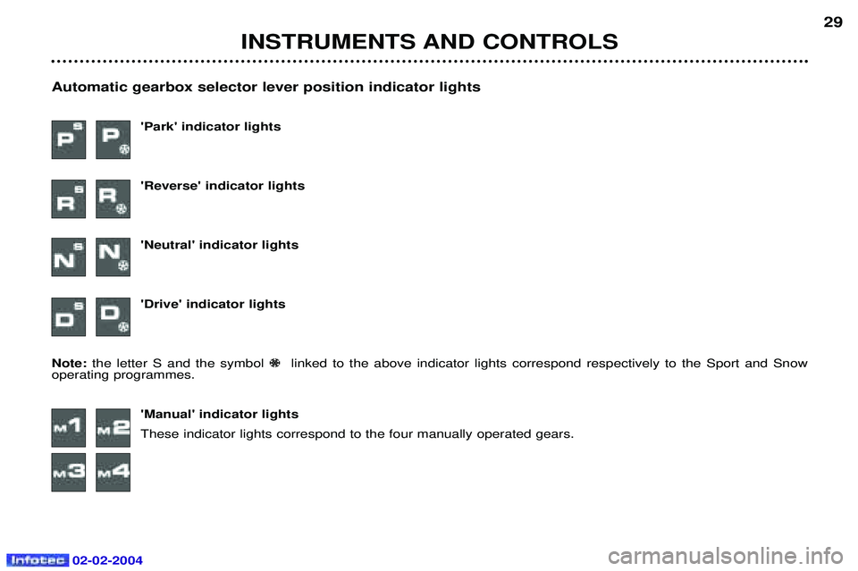 PEUGEOT 607 2004 Owners Manual 02-02-2004
INSTRUMENTS AND CONTROLS29
Automatic gearbox selector lever position indicator lights Park indicator lights Reverse indicator lightsNeutral indicator lightsDrive indicator lights
No PEUGEOT 607 2004 Owners Manual 02-02-2004
INSTRUMENTS AND CONTROLS29
Automatic gearbox selector lever position indicator lights Park indicator lights Reverse indicator lightsNeutral indicator lightsDrive indicator lights
No