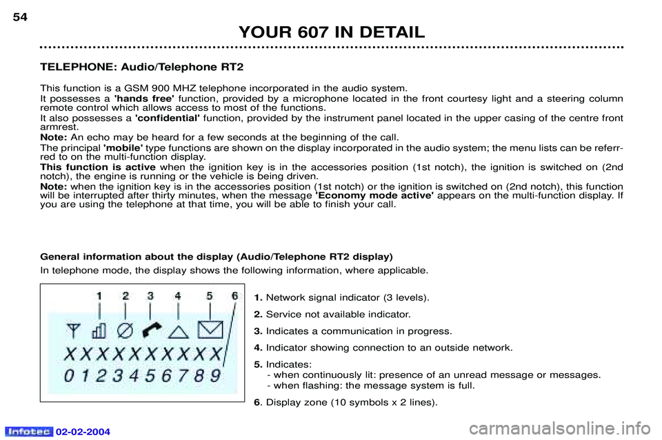 PEUGEOT 607 2004 Workshop Manual 02-02-2004
TELEPHONE: Audio/Telephone RT2  This function is a GSM 900 MHZ telephone incorporated in the audio system. It possesses ahands freefunction, provided by a microphone located in the front 
